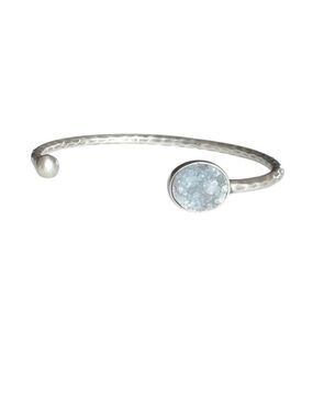Silver Hammered Open Cuff Adjuster Bangle Stacking Bracelet Druzy Stone